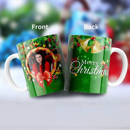 Merry Christmas Green Personalized Photo Mug