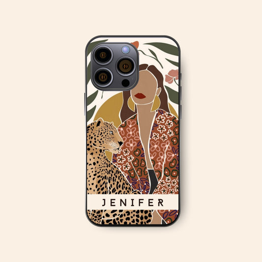 Personalised Iphone Cover for women with Cheeta print with women and customised name for Iphone 16 , Iphone 15 , 14 & 13
