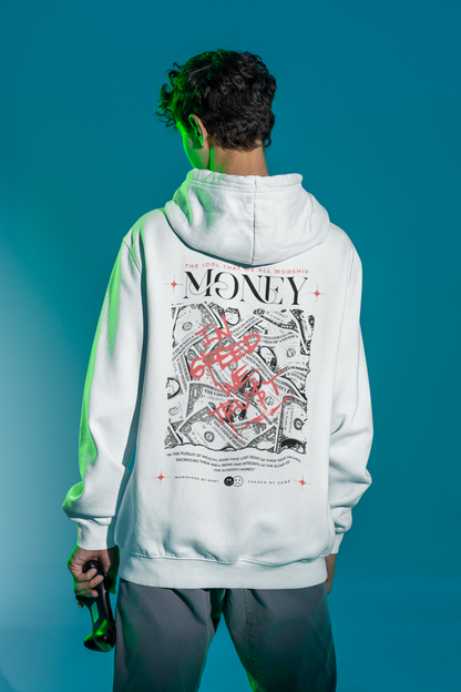 Worship Money Back Mens White Hoodie